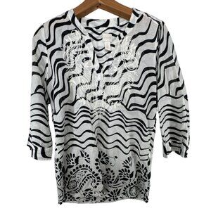 Chicos Women Tunic Sz S BlackWhite Artsy Zebra Paisley Lagenlook 3/4 Slv Lightwt